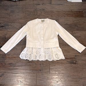 SEA White Eyelet Scalloped Hem Jean Jacket w/ Distressed edges | L